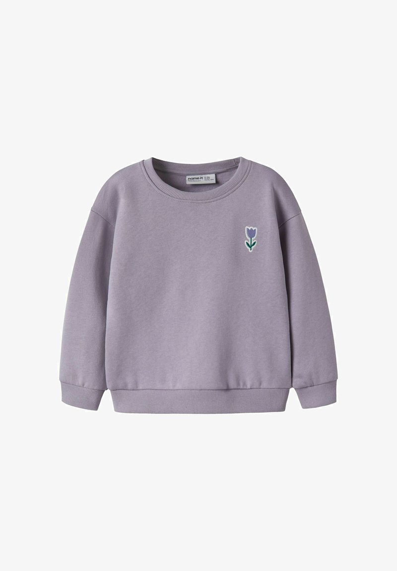 Fioletowa bluza z mieszanki bawełny z długimi rękawami, ściągaczami przy mankietach i na dole, z małym haftowanym wzorem tulipana.