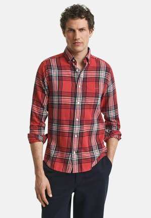 Rood geruite button-up shirt met witte en marineblauwe accenten, met een kraag en opgerolde mouwen. Gelaagd stof, slim fit.