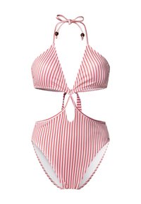 Μπικίνι με κόκκινες και λευκές κατακόρυφες ρίγες, τριγωνικό τοπ, με δέσιμο στον λαιμό, λεπτομέρεια με κοπή στη μέση και απαλό υλικό.