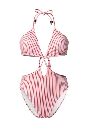 Bikini con rayas verticales rojas y blancas, parte superior triangular, tirante halter, detalle cut-out en la cintura y textura de tela suave.