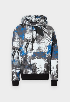 Sudadera con capucha que presenta un patrón abstracto mixto en gris, azul y blanco. Fabricada con una tela suave con puños y bajo acanalados.