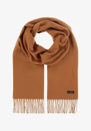 Bronzen sjaal van zacht materiaal, met een soepele textuur en franjes aan de randen. Inclusief een klein logotag aan één uiteinde.