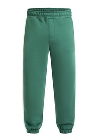 Grønne sweatpants med elastisk talje og manchetter ved anklerne, med et enkelt design uden synlige lommer eller logoer.