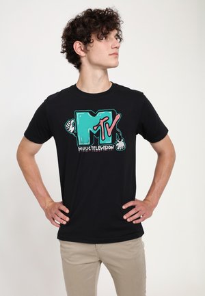 Black cotton t-shirt featuring a multicolored MTV logo with a cartoonish design. Short sleeves and crew neck style.