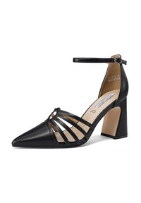Scarpa nera in pelle con tacco alto, punta affusolata e cinturino alla caviglia. Presenta un design con aperture sul davanti e un tacco a blocco per maggiore stabilità.