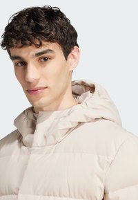 Light beige, hooded puffer jacket with quilted design and a soft texture. Features subtle branding on the chest area.