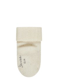 Cremfarbene Baumwollsocke mit gerippter Textur, umklappbarem Bündchen und bedrucktem Größenetikett "13-14" auf der Unterseite.