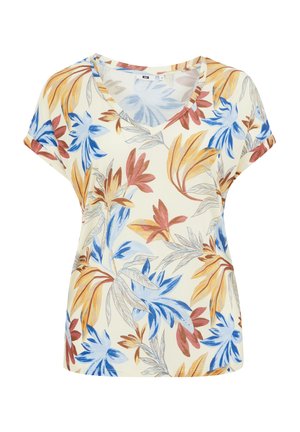 Floral short-sleeve top with a V-neck, featuring a cream background, colorful blue, orange, and burgundy leaf patterns, made from lightweight fabric.