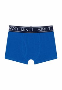 Plave pamučne bokserice s tamnoplavim elastičnim pojasom s logotipom "MINOTI", glatke teksture i klasičnog kroja s prednjim džepom.