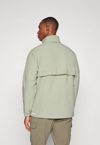 Light green, lightweight jacket with a stand collar and back vent. Long sleeves, elastic cuffs, and reflective accents on the hem.