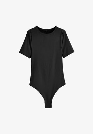 Fekete, rövid ujjú bodysuit sima anyagból, lekerekített nyakkivágással és patentos záródással az alján. Klasszikus, minimalista design.