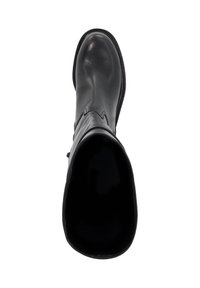 Black leather boot with a rounded toe, featuring smooth texture and minimal stitching details. Interior is dark and seamless.