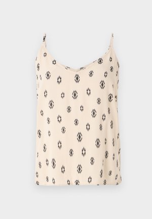 Cream tank top with black geometric patterns, soft fabric, adjustable spaghetti straps, and a V-neckline.