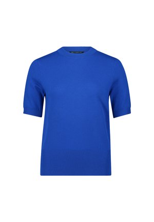 Pull bleu à manches courtes avec un col rond, fabriqué en tissu lisse, avec des bords côtes aux poignets et à l'ourlet.