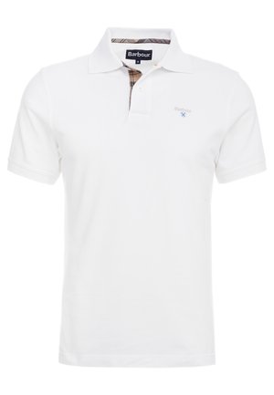 White polo shirt with a buttoned collar, featuring a plaid accent inside the neckline and a small embroidered logo on the chest.