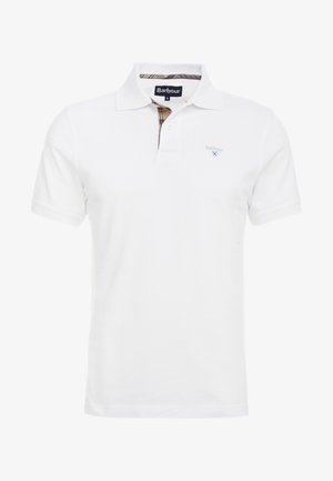 White polo shirt with a buttoned collar, featuring a plaid accent inside the neckline and a small embroidered logo on the chest.