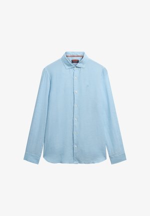 Lichtblauw overhemd met lange mouwen van gestructureerde stof. Bevat een button-down kraag en zeven knopen aan de voorkant. Klein logo op de borst.