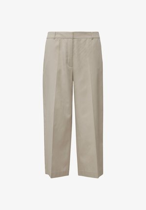Beige weit geschnittene Hose aus leichtem Stoff, mit einer glatten Textur, vorderen Falten und einem taillierten Bund.
