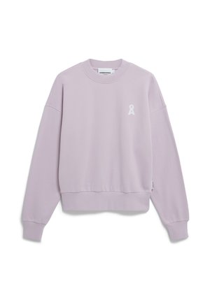 Light purple, cropped sweatshirt made of soft fabric. It features a crew neck, drop shoulders, and a small white logo on the chest.