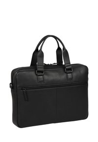 Valigetta nera in pelle con due manici superiori, un compartimento principale con zip e una tasca anteriore con zip. Texture liscia e design minimalista.