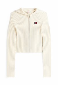 Felpa corta beige con zip realizzata in tessuto a coste, dotata di cappuccio e di una piccola patch con logo sul lato sinistro del petto.