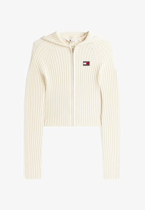 Gekürzte beige Zip-Hoodie aus Rippstoff, mit Kapuze und einem kleinen Logo-Patch auf der linken Brust.