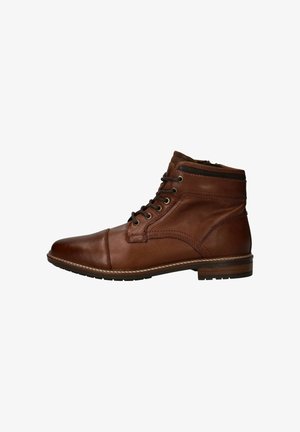 Bottine en cuir marron avec bout arrondi, design à lacets et coutures contrastantes. Présente un dessus texturé et une semelle robuste.