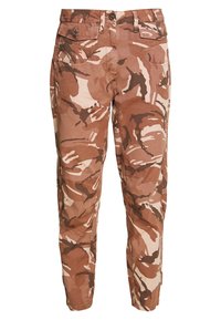 Bruine camouflagebroek met een textuurstof, voorzien van een knoopsluiting, vijf zakken en elastische boorden bij de enkels.
