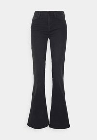 Jean en denim noir taille haute avec jambe évasée et fermeture à boutons sur l'avant, sur fond blanc.