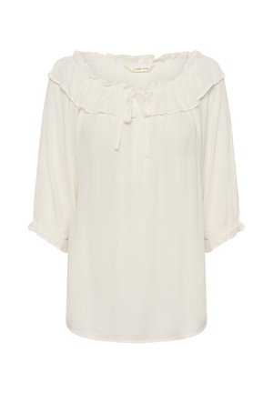 White blouse with ruffled neckline and tie detail. Features three-quarter puff sleeves with frilled cuffs. Lightweight, textured fabric.