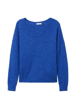 Blauwe gebreide trui met een V-hals, lange mouwen en een geribde zoom. Zachte textuur en een losse pasvorm, gemaakt van een lichtgewicht materiaal.