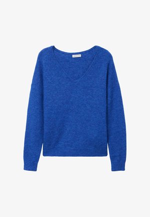 Maglione blu lavorato a maglia con scollo a V, maniche lunghe e orlo a coste. Texture morbida e vestibilità comoda, realizzato con un materiale leggero.