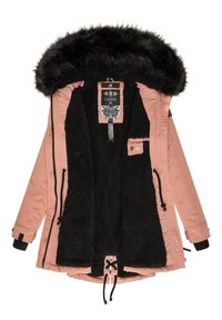 Giacca esterna rosa con cappuccio foderato in pelliccia nera, interno morbido nero, orlo con cordino e multiple tasche. Presenta cerniere e bottoni resistenti.