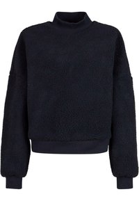Donkerblauwe pullover met een hoge, ribbelige halslijn. Gemaakt van zachte, gestructureerde stof met een relaxte pasvorm en elastische boorden en zoom.