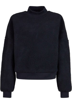 Mørkeblå pullover med høj, ribbet halsudskæring. Fremstillet af blødt, tekstureret stof med en afslappet pasform og elastiske manchetter og nederkant.