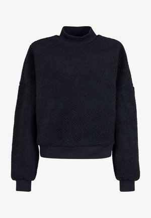 Czarny granatowy sweter z wysokim, prążkowanym dekoltem. Wykonany z miękkiego, teksturowanego materiału o luźnym kroju oraz elastycznych mankietach i dolnym wykończeniu.