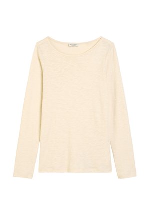 Maglietta beige a maniche lunghe con colletto girocollo e leggero effetto texture, progettata per un look casual.