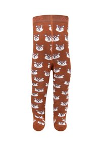 Braune Strumpfhosen mit einem wiederholten Muster aus weißen und hellblauen Tiergesichtern, aus einem weichen, dehnbaren Material gefertigt.