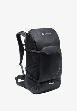 Zwarte hiking rugzak van duurzaam materiaal, met verstelbare banden, een voorzak met rits en een logo-detail. Compact, ergonomisch ontwerp.