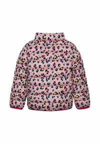 Giubbotto imbottito rosa con un motivo leopardato multicolore; presenta un colletto alto e polsini elasticizzati; design trapuntato per isolamento.