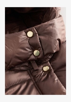 Hnědý límec péřové bundy s kovovými zlatými druky. Hladká, lesklá textura s měkkou tmavou vnitřní podšívkou a prošívaným vzorem.