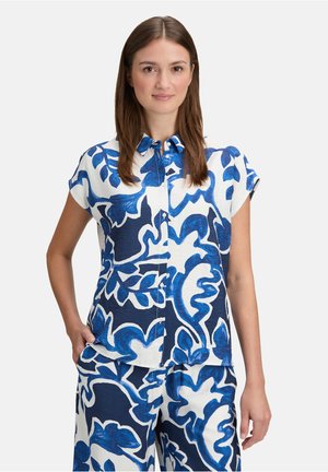 Kurzärmliges Hemd mit Knopfleiste und blau-weißem Blumenmuster, gefertigt aus leichtem Stoff. Das Hemd hat eine lockere Passform und einen flachen Kragen.