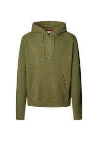 Sudadera con capucha en color verde oliva, con media cremallera frontal, puños acanalados y bolsillo tipo canguro, que presenta una tela texturizada y un ajuste holgado.