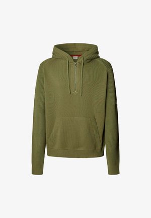 Extraolivroheline kapuutsiga sviiter, millel on pool-kinnitus ees, soonikkoes mansetid ja kokkuvolditud taskud, sisaldades tekstuurset kangast ja vabalt istuvat lõiget.