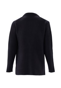 Schwarze langärmlige Strickjacke mit strukturiertem Muster, geradem Saum und kleinem Kragen, von hinten gezeigt.