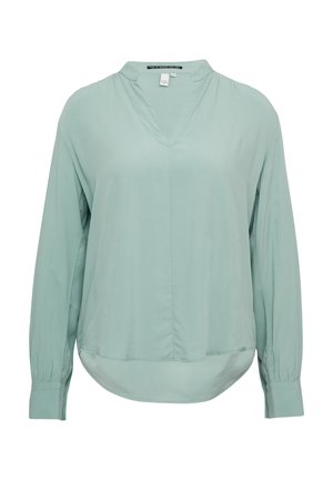 Hellgrübe, langärmlige Bluse mit V-Ausschnitt, leicht abgerundetem Saum und geknöpften Manschetten. Hergestellt aus einem glatten, leichten Stoff.