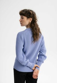 Helles blaues Strickpullover mit geripptem Muster, rundem Ausschnitt und langen Ärmeln, getragen mit schwarzen Hosen, von hinten gezeigt.