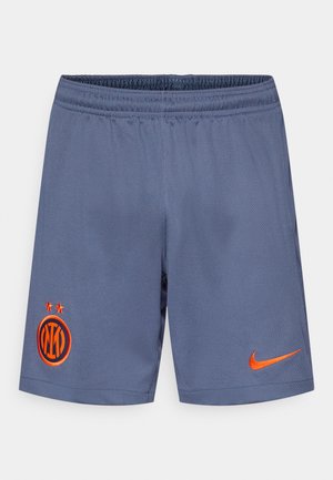 Gray athletic shorts with an elastic waistband, featuring an orange Nike logo and an Inter Milan emblem with two stars. Textured fabric.