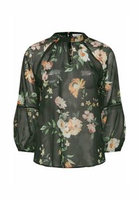 Blusa in tessuto trasparente verde scuro con stampa floreale, caratterizzata da una scollatura a chiave, maniche lunghe a sbuffo e motivi floreali in toni pastello morbidi.