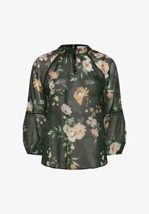 Bluzka w kwiaty z ciemnozielonego przezroczystego materiału, z dekoltem w kształcie łezki, długimi balonowymi rękawami i kwiatowymi wzorami w delikatnych pastelowych odcieniach.